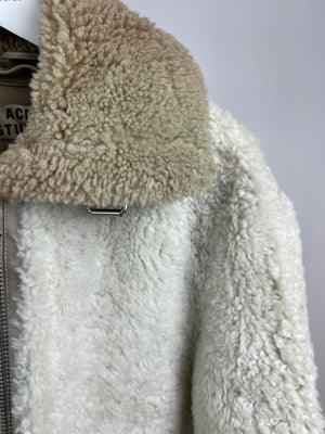 Acne Studios Cream and Beige Velocite Shearling Jacket with Leather Trim Detail UK 6