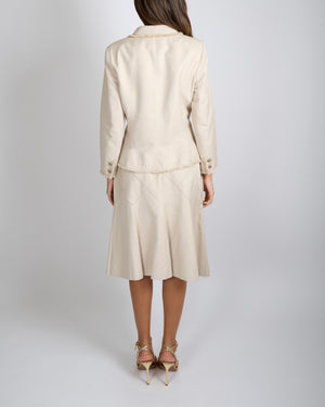 Chanel Spring 2006 Beige Silk Jacket and Skirt Set with Gold CC Logo Buttons Size FR 42 (UK 14)