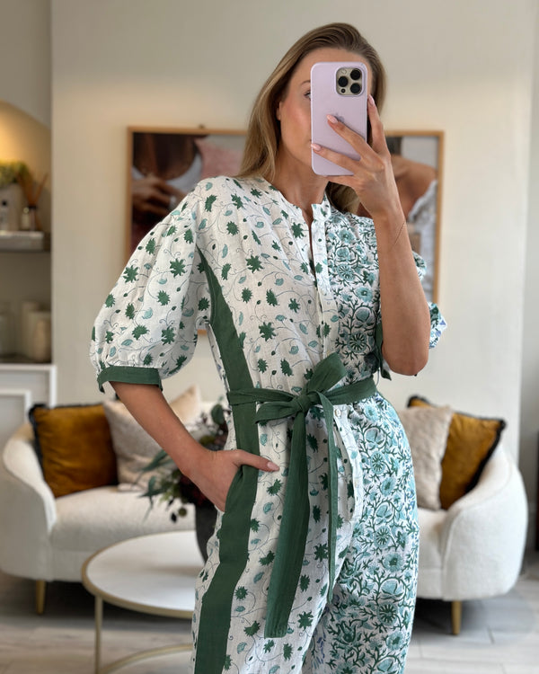 Hannah White, Green Linen Floral Short-Sleeve Jumpsuit with Belt Size 0 (UK 6)