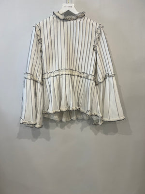 Chanel Spring 2017 White Silk Striped Ruffle Long-Sleeve Top  Velcro Back Detail Size FR 36 (UK 8)