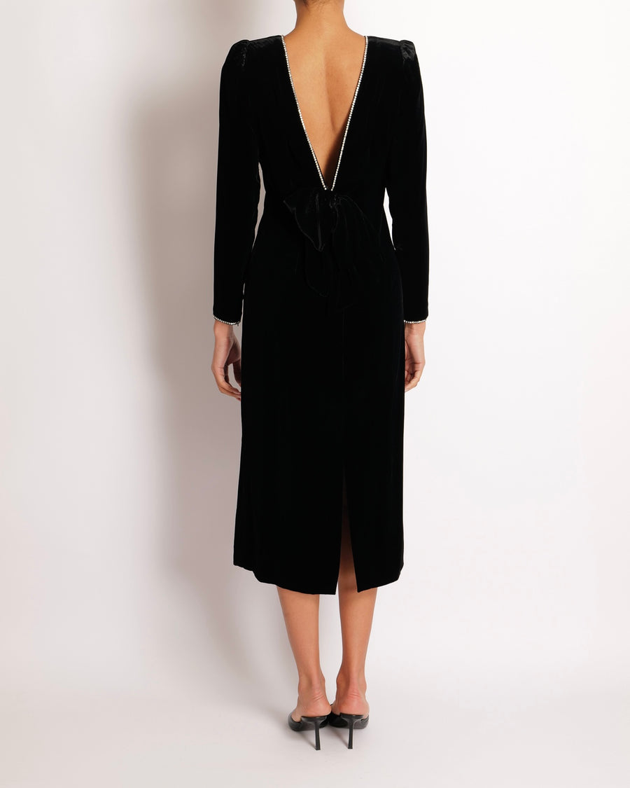 Gucci Black Velours Midi Dress with Bow Detail and Crystal Embellished Trims Size IT 38 (UK 6)