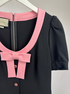 Gucci Black Short-Sleeve Dress with Pink Bow Trim, Crystal Detail Size L (10-12)