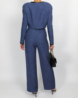 Chanel Cruise 2019 Blue Tweed Cropped Jacket and Trousers Set with CC Logo Buttons and Black Leather Trims Size FR 36/38 (UK 8/10)