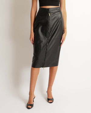 Zuhair Murad Black Lambskin Leather Midi Pencil Skirt with Gold Zipper Detail Size FR 38 (UK 10)
