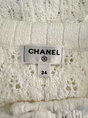 Chanel 24P White Knit Button Down Mini Dress with Pocket and CC Buttons Size FR 34 (UK 6)