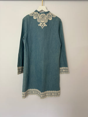 Gucci Stonewash Chambray Long Sleeve Tunic Dress with Lace-Trimmed Detail IT 38 (UK 6)