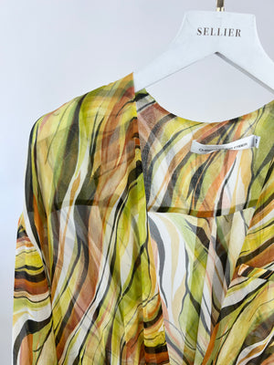 Christopher Esber Green, Brown Orange Sheer Printed Silk Shirt Dress Size UK 10