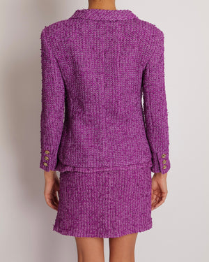 Chanel Cruise 2021 Purple Tweed Jacket and Mini Skirt Set with Gold Glitter CC Button Details Size FR 34/36 (UK 6/8)