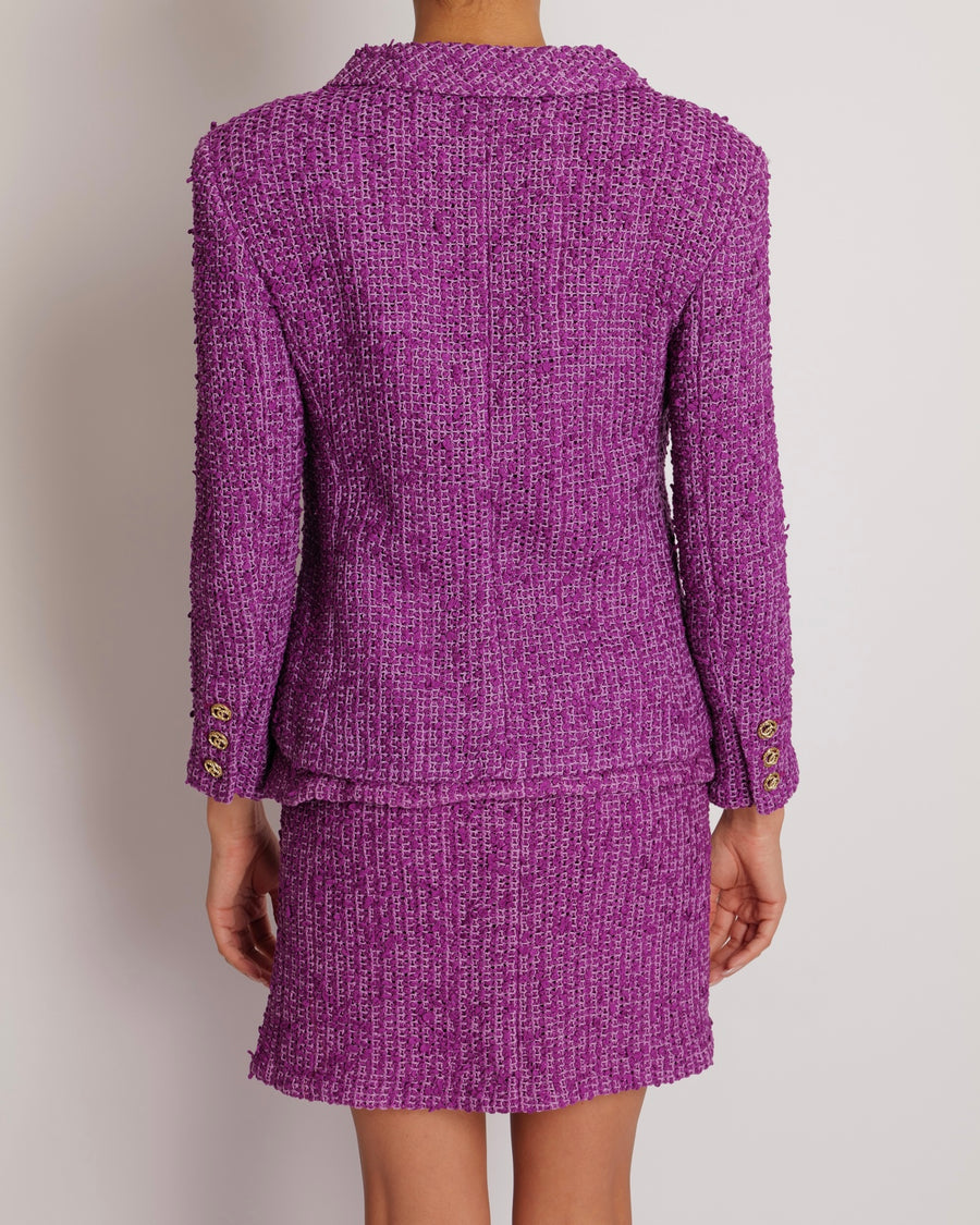 Chanel Cruise 2021 Purple Tweed Jacket and Mini Skirt Set with Gold Glitter CC Button Details Size FR 34/36 (UK 6/8)