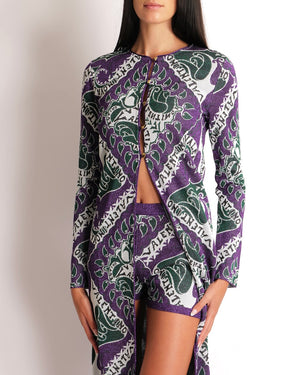 Valentino Purple, Green, and White Shimmery Long Cardigan and Shorts Set with Leaves and Logo Prints Size M (UK 10) RRP £3,650