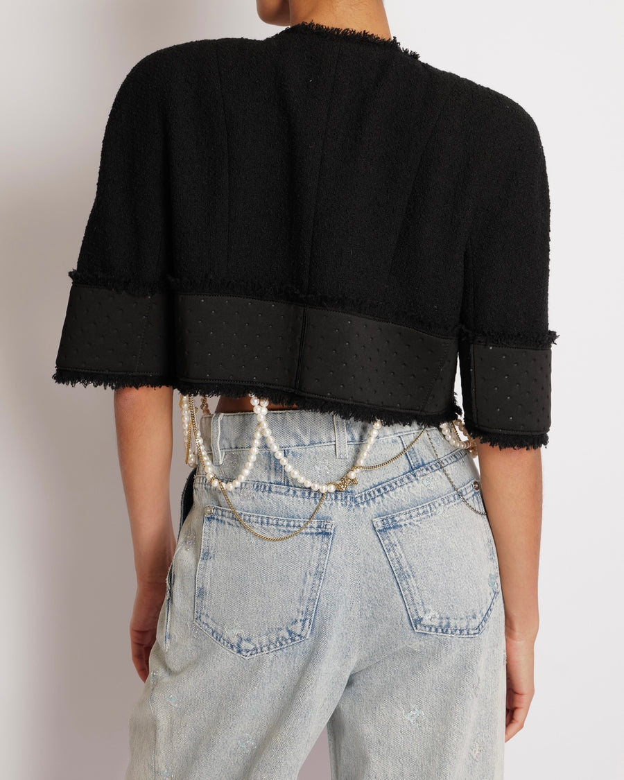 Chanel x Tiger in the Rain Black Tweed Cropped Jacket with Foam Band Insert and Silver Crystal Embellished Buttons with Draped Pearl and Mixed Metal Chain Details Size FR 38 (UK 10)