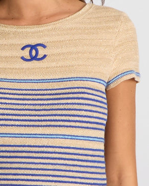 Chanel Cruise 2019 Beige, Gold and Blue Striped Linen Mini Skirt and Top Set with CC Logo and CC Logo Gold Buttons Size FR 36/38 (UK 8/10)