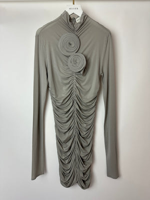 Magda Butrym Grey Ruched Stretch-Jersey Mini Dress with 3D Flower Appliqué Size FR 36 (UK 8)