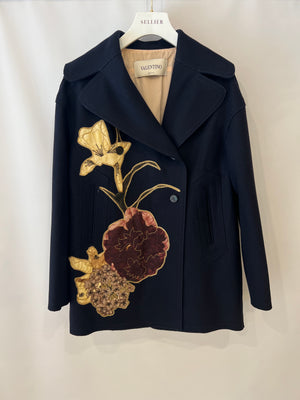 Valentino Navy Wool Coat with Floral Embroidery Detail Size IT 38 (UK 6)