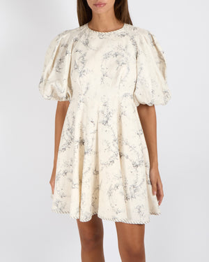 Zimmermann Cream Linen Mini Dress with Puff Sleeves and Grey Floral Print Size 1 (UK 10)