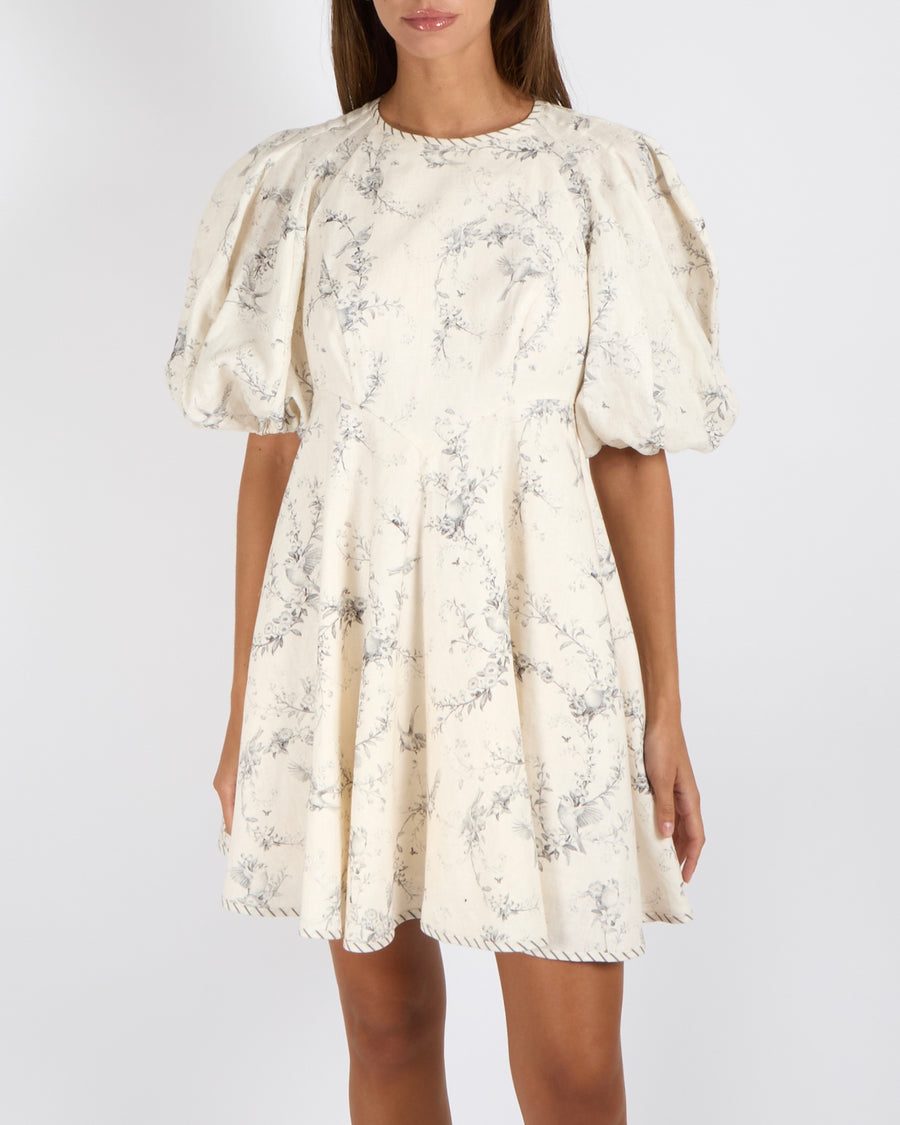 Zimmermann Cream Linen Mini Dress with Puff Sleeves and Grey Floral Print Size 1 (UK 10)