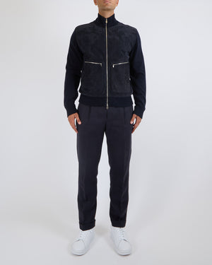 Hermès Menswear Navy Suede and Wool Jacket with Silver Zip Details Size XL (UK 44)