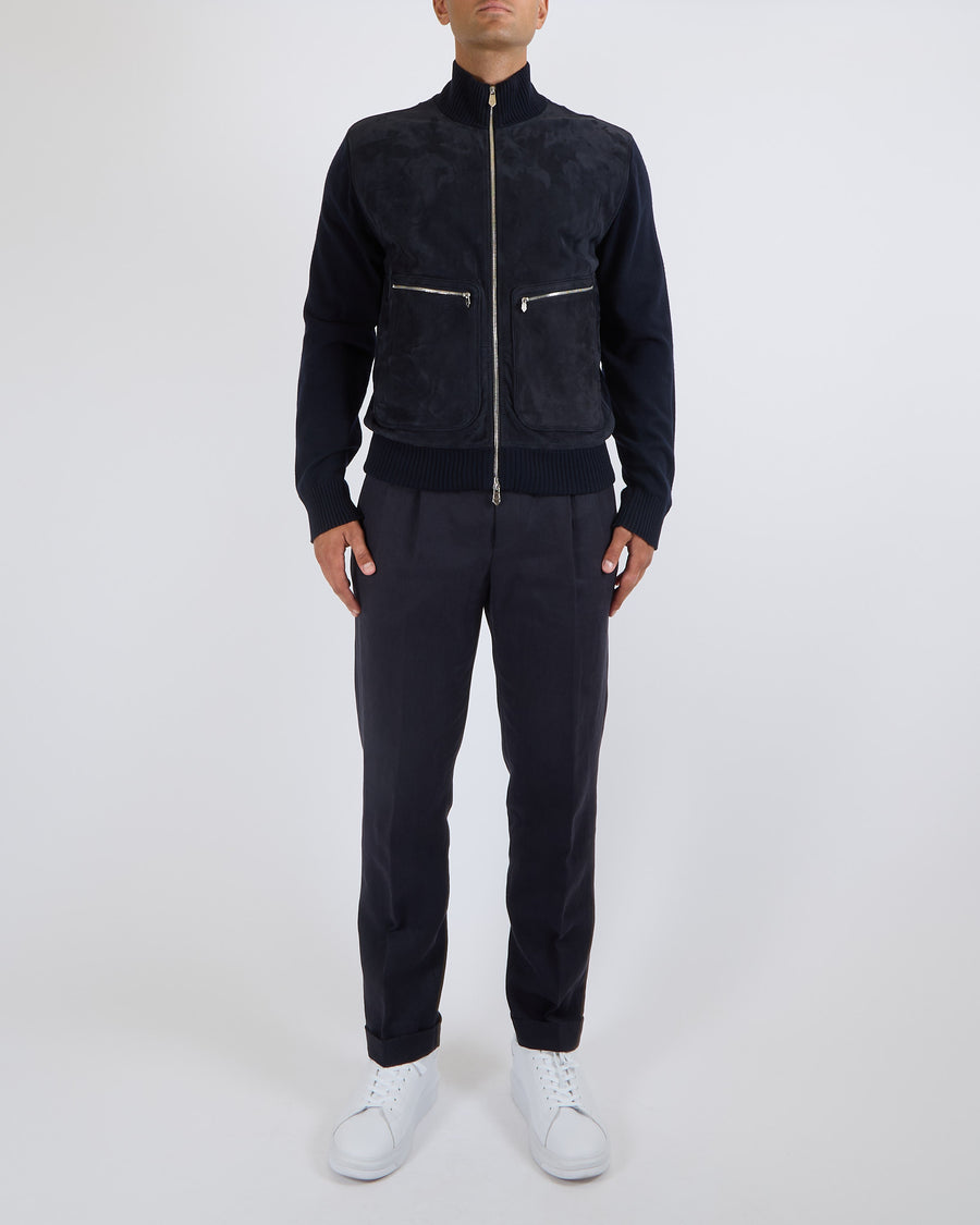 Hermès Menswear Navy Suede and Wool Jacket with Silver Zip Details Size XL (UK 44)