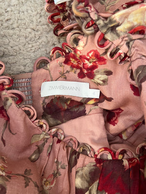 Zimmermann Pink Floral Mini Dress with Puff Sleeves and Scalloped Trim Detail Size 4 (UK 16)
