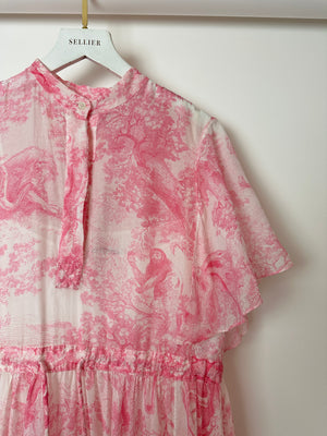 Christian Dior Light Pink, White Toile de Jouy Sauvage Cotton Printed Midi Dress Size FR 38 (UK 10)