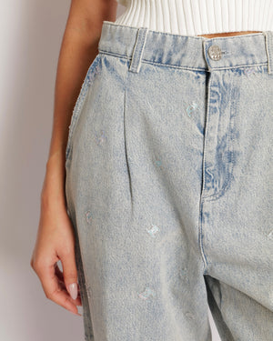 Chanel Light Blue Straight Leg High-Waisted Jeans with Turquoise, Lilac, and Silver Metallic CC Logos and Silver Button Detail Size FR 40 (UK 12)