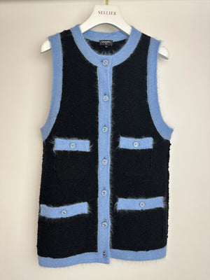 Chanel 24B Navy & Celeste Wool Sleeveless Cardigan with CC Buttons Detail Size FR 34 (UK 6)