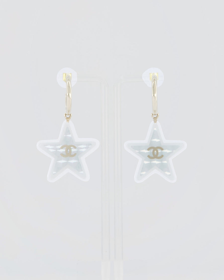 Chanel 24/C Champagne Gold Silver Resin CC Star Hoop Earrings