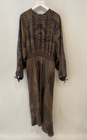 Hermès Brown Silk Printed Bride de Cour Midi Dress Size FR 38 (UK 10) RRP £3,180