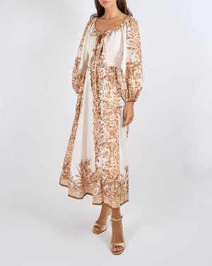 Zimmermann White and Brown Floral Printed Linen Moonshine Maxi Dress with Lantern Sleeves and and Ribbon Detail Size 2 (UK 12)
