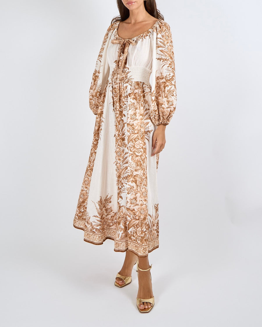Zimmermann White and Brown Floral Printed Linen Moonshine Maxi Dress with Lantern Sleeves and and Ribbon Detail Size 2 (UK 12)