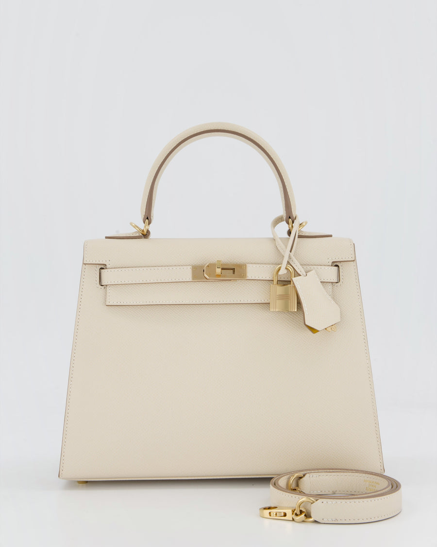 *RARE* Hermès HSS Kelly 25 Sellier Bag in Verso Craie and Jaune Ambre Epsom Leather with Permabrass&nbsp; Hardware