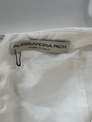 Alessandra Rich White Puff-Sleeve Ruched Crepe Mini Dress with Pearl Details Size IT 40 (UK 8)