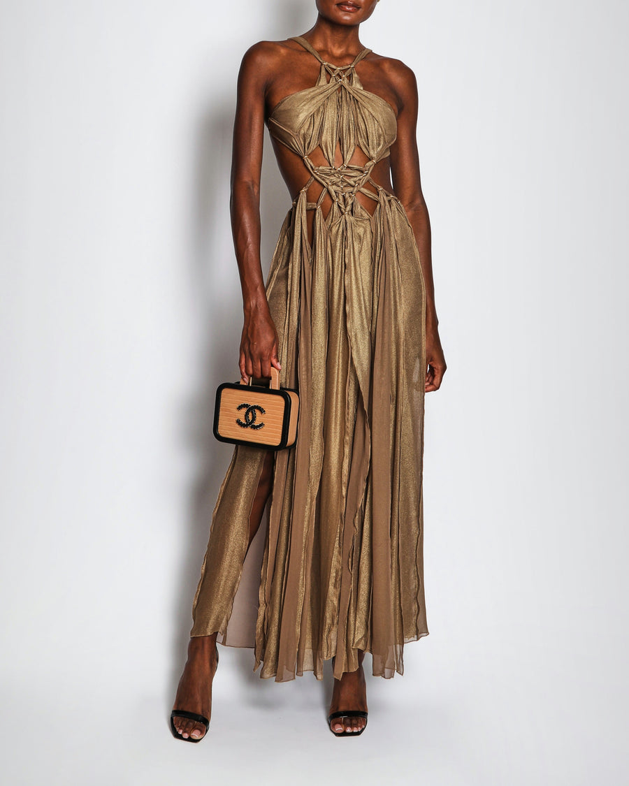 Cult Gaia Gold Silk Alexa Gown with Cut Outs and Ring Details Size XS (UK 6) RRP £1,200
