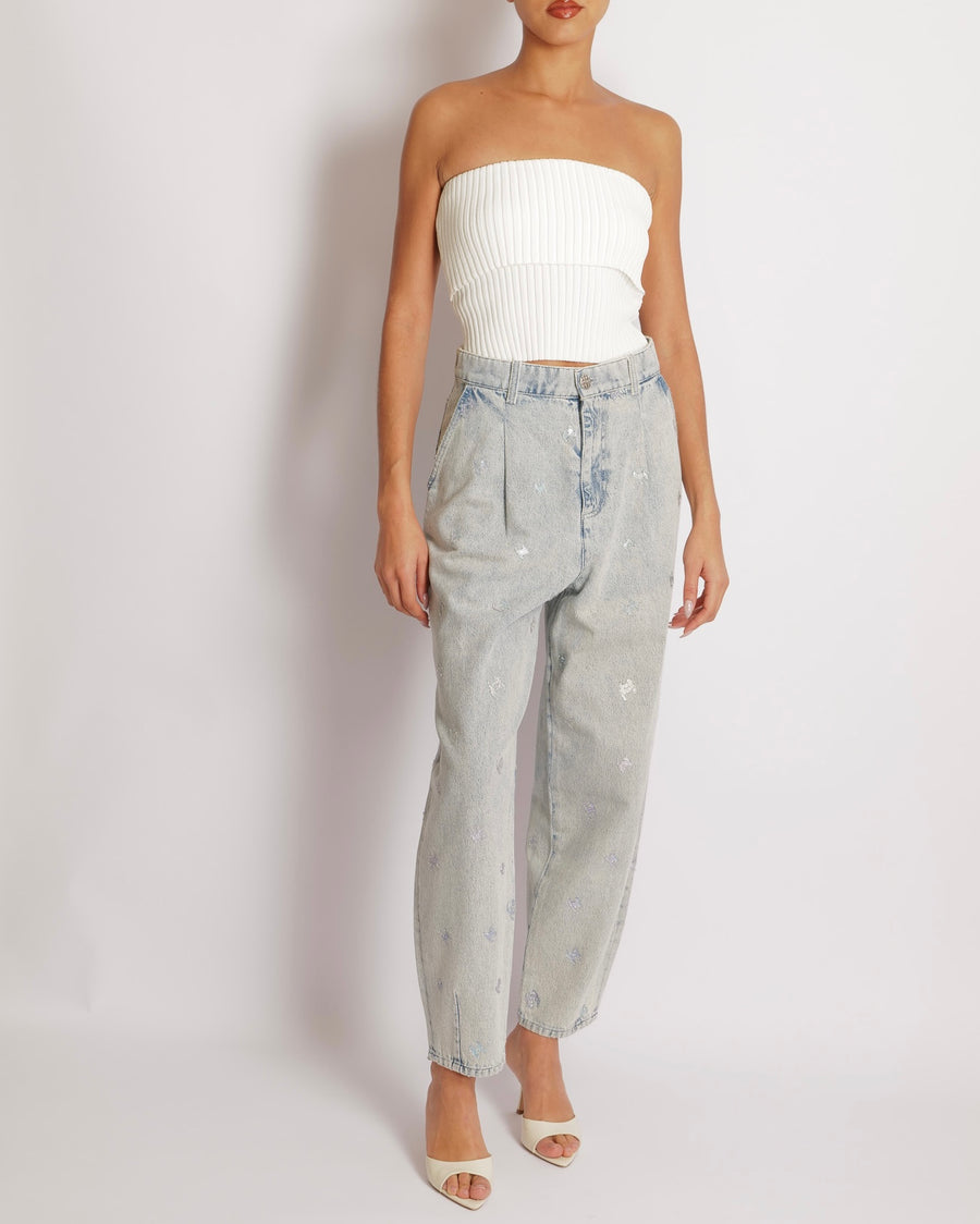 Chanel Light Blue Straight Leg High-Waisted Jeans with Turquoise, Lilac, and Silver Metallic CC Logos and Silver Button Detail Size FR 40 (UK 12)