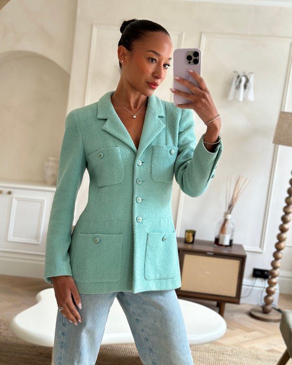 Chanel Tiffany Blue Tweed Jacket with Blue and Gold CC Button Details Size FR 40 (UK 12)