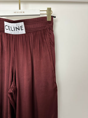 Celine Burgundy Satin Boxing Trousers with Cuffed Hems and Waistband Logo Detail Size FR 34 (UK 6)