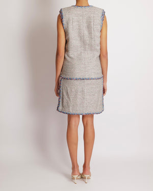 Chanel Spring 2014 Silver Metallic Sleeveless Tweed Mini Dress with Blue and Pink Details with Silver Beaded CC Logo Buttons Size FR 34 (UK 6)
