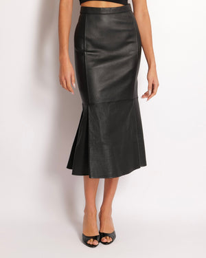 Valentino Black Lambskin Leather Midi Skirt with Bottom Stitch Detail Size IT 40 (UK 8)