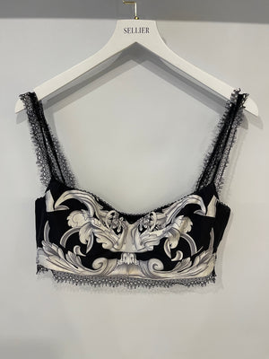 Versace Black and White Baroque Print Bralette with Lace Trim Detail Size IT 46 (UK 14)