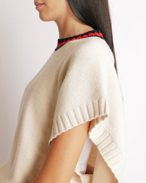 Gucci Beige Wool Sleeveless Jumper with Back Logo and Navy, Red Collar Size XS (UK 6)