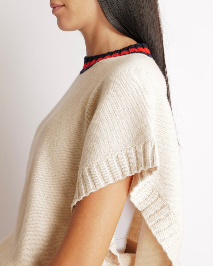 Gucci Beige Wool Sleeveless Jumper with Back Logo and Navy, Red Collar Size XS (UK 6)