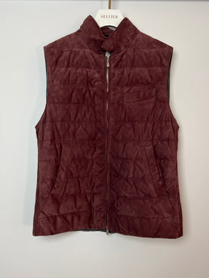 Brunello Cucinelli Menswear Burgundy Suede Leather Quilted Gilet Size S (UK 36)