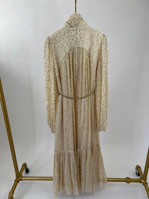 Zimmermann Beige & Gold Polkadot Silk Long-Sleeved Maxi Dress with Gold Belt & Neck Tie Detail Size 0 (UK 8)