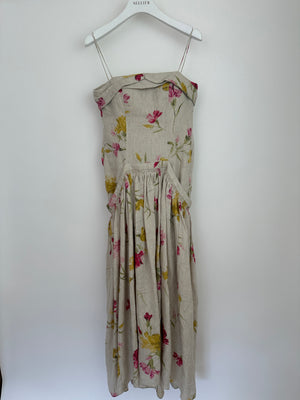 Erdem Beige, Pink & Yellow Floral Midi Dress with Bustier Top Size UK 6 (FR 34)