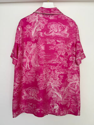 Dior Hot Pink and White Silk Toile De Jouy Printed Short Sleeve Shirt Size FR 36 (UK 8)