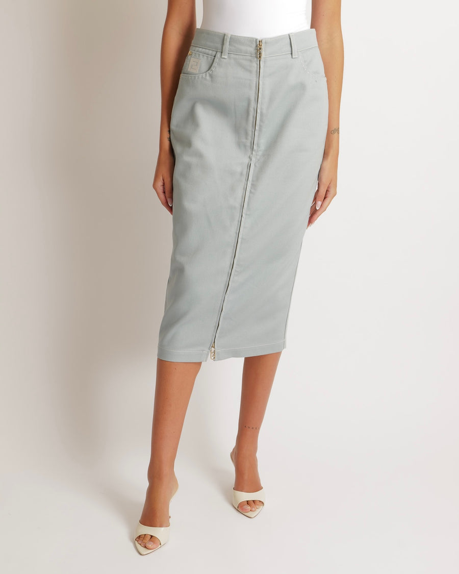 Fendi Light Blue Denim Midi Skirt with White FF Logo and Zip Detailing Size IT 42 (UK 10) RRP £950