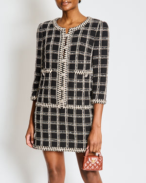 Chanel Cruise 2023 Black and White Tweed Mini Dress with Crystal Contrast Trim and Embellished Buttons Size FR 38 (UK 10)
