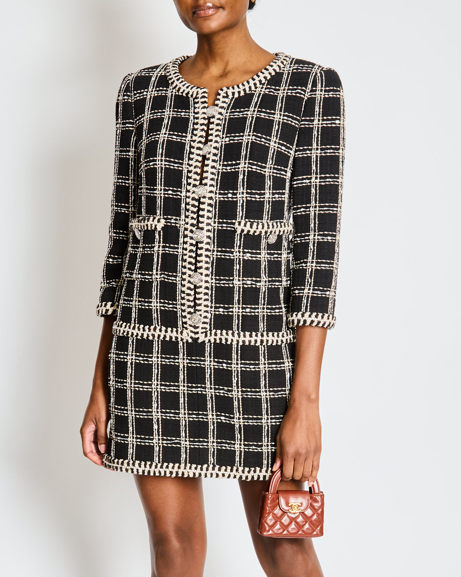 Chanel Cruise 2023 Black and White Tweed Mini Dress with Crystal Contrast Trim and Embellished Buttons Size FR 38 (UK 10)