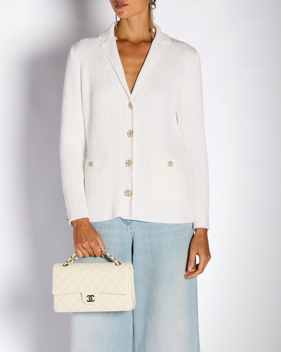Chanel 20/P White Ribbed CC Button Down Cardigan FR 36 (UK 8)