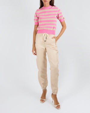 Ermanno Scervino Beige Linen and Cotton Blend Joggers with Elasticated Waistband and Cuffs with Crystal Embellished Tie Detail with Silver Zippers Size IT 40 (UK 8)